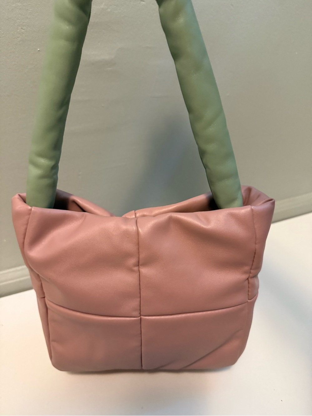 Soft Quilted Pink Shoulder Bag with Sage Handles